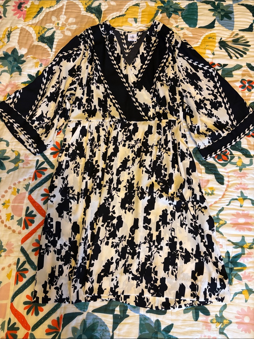 CAbi Black and Cream Geometric V-Neck Dress